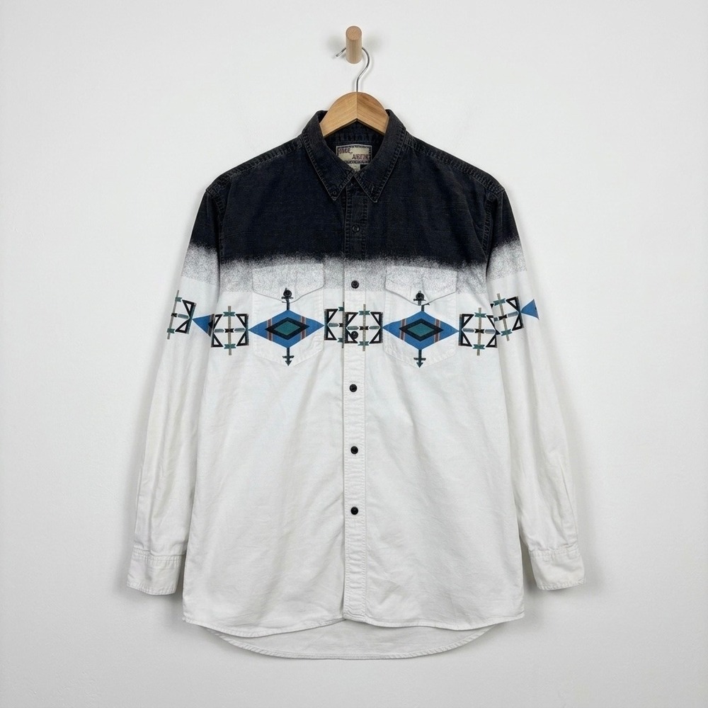 Buck & Annie Mens Large Western Button Down Shirt Southwestern Aztec White Black